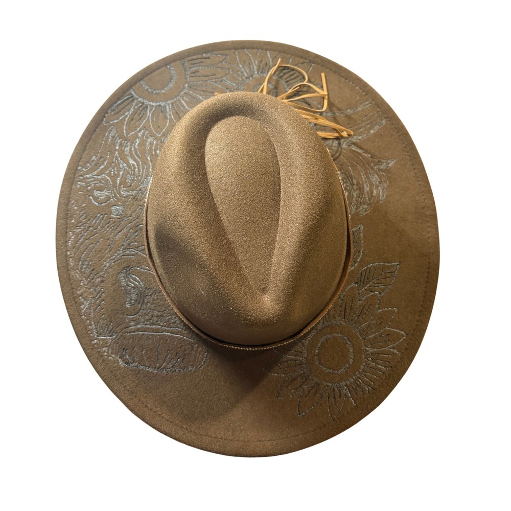 Brown Hand Burned Etched Sunflower Cow Fedora Wide Brim Western Boho‎ Hat